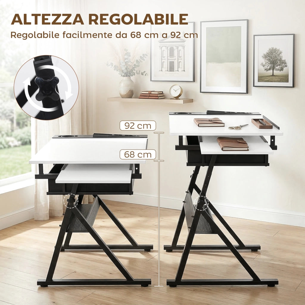 Tavolo da Disegno Regolabile 120x60x92 cm Scrivania e Sgabello per Disegno in MDF Metallo e PU Bianco