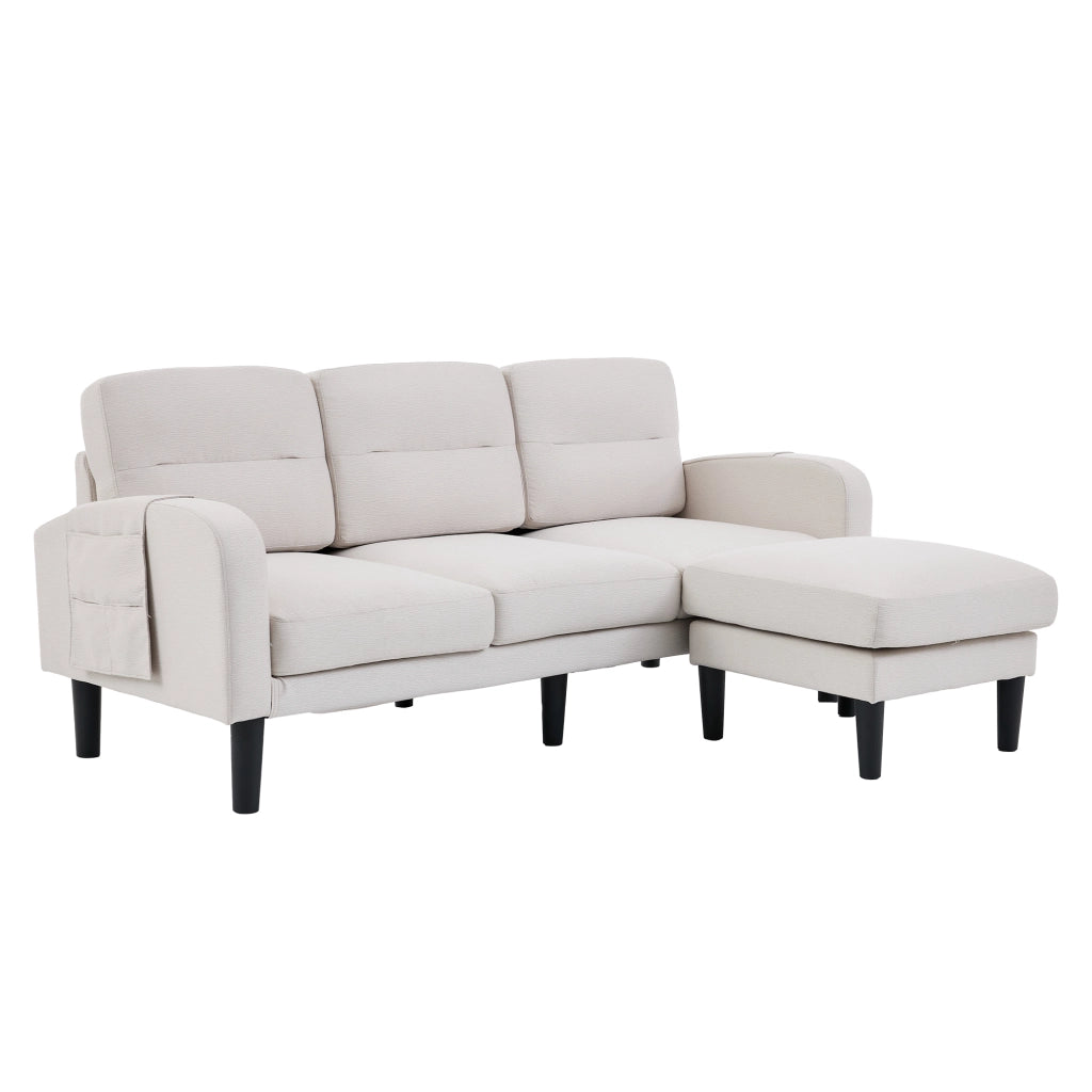 Divano angolare a L 3 posti con chaise longue e tasche laterali, beige, 204x136x80 cm
