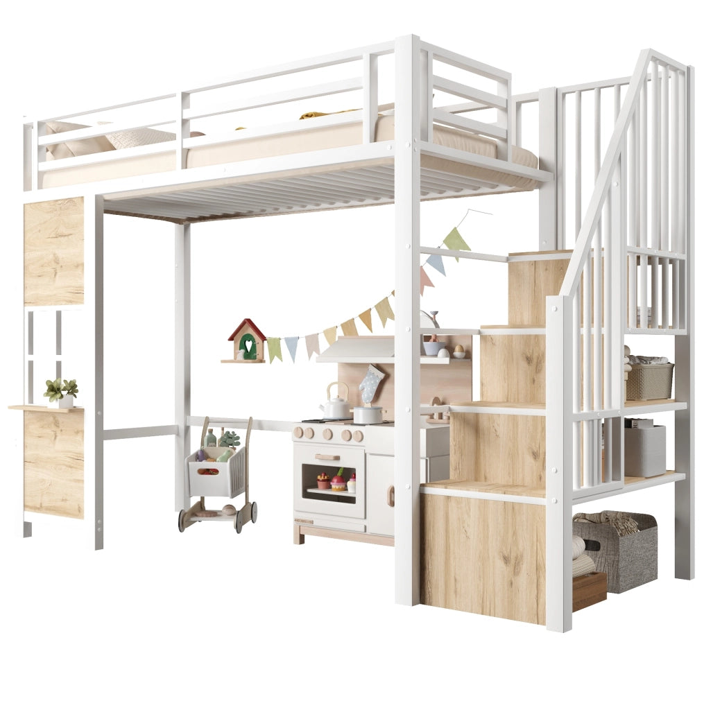 Letto a soppalco con scala contenitore e area inferiore aperta