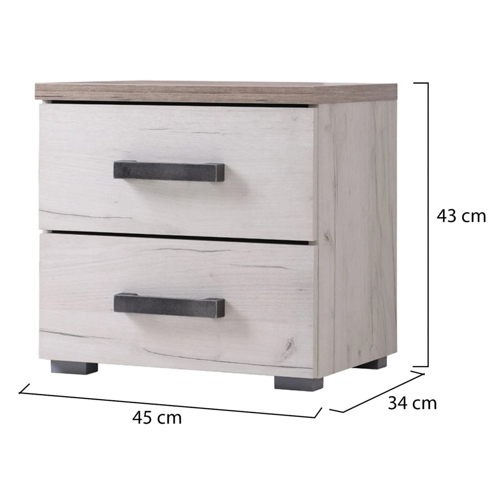 Roncello, Comodino 2 Cassetti, 44.5x33.5x43h cm Bianco Larice