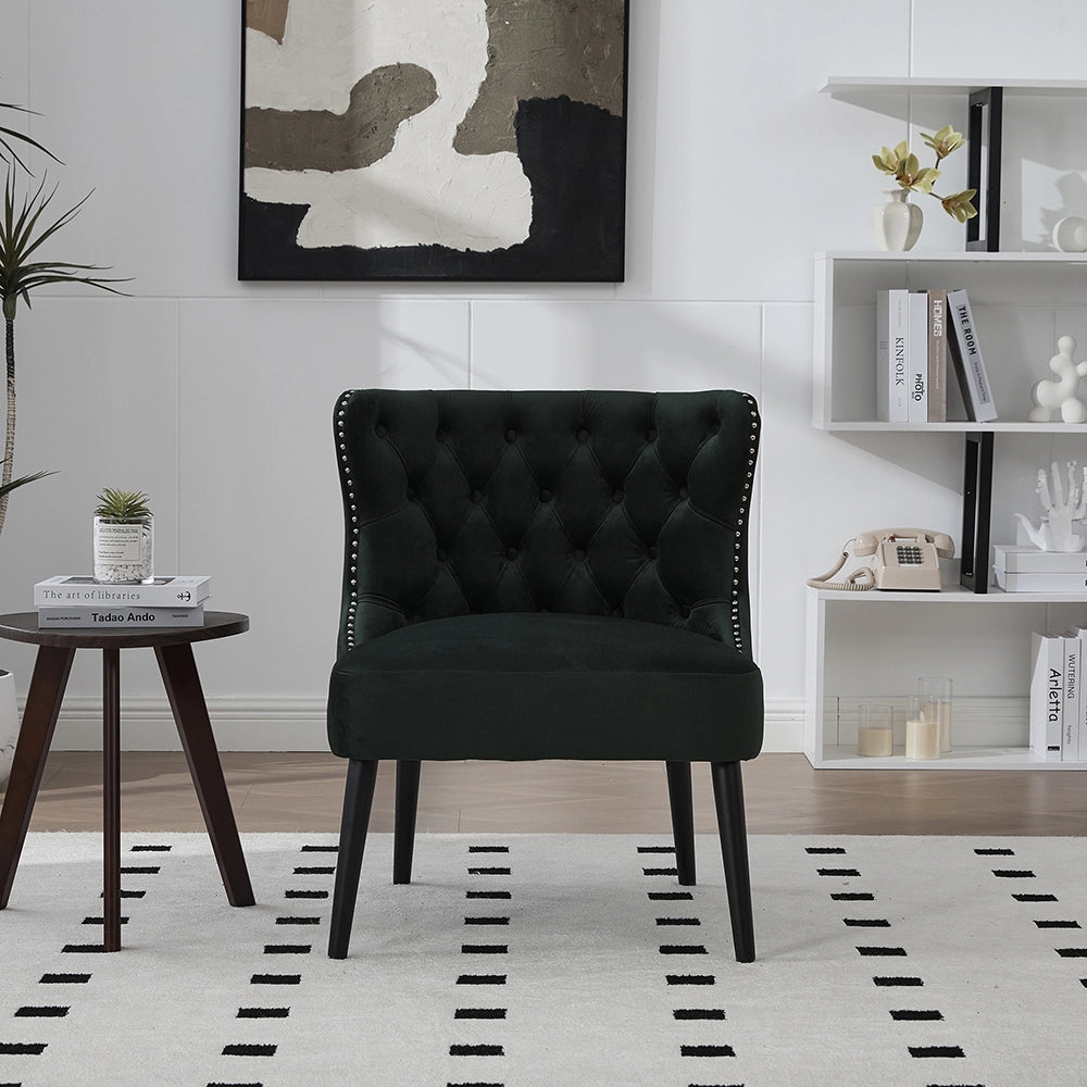 Poltrona singola in velluto con bottoni - Xylo - design moderno senza braccioli, borchia chiodata, piedi in legno