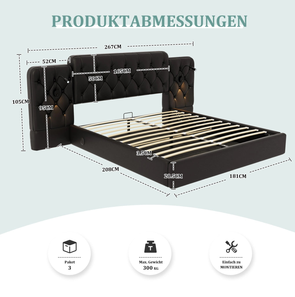 Letto matrimoniale 180x200 cm in pelle PU nera con testiera allungata; luci LED da lettura e USB