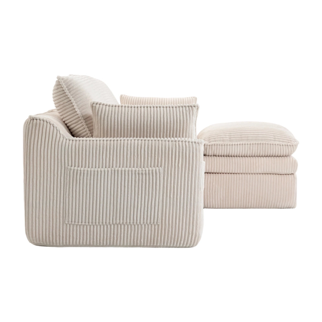 Divano modulare 3 posti con pouf; tasche laterali e cuscini per soggiorno e ufficio in corduroy beige