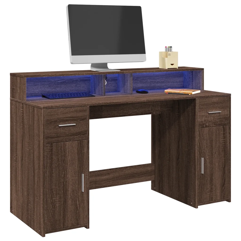 Scrivania con Luci LED Marrone Rovere 140x55x91 cm Multistrato 3309426