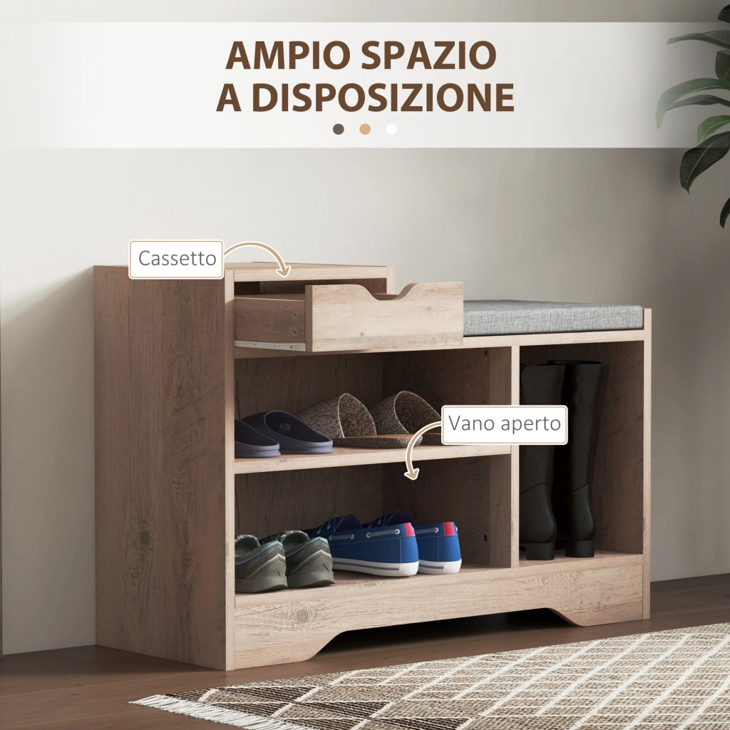 Panca Scarpiera con Ripiani Aperti e Cassetti ¨C zephmum ¨C Legno, Grigio, 76.5x30x52 cm
