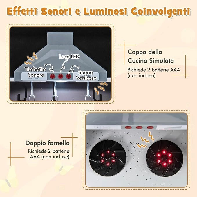 Cucina Giocattolo per Bambini, Cucina Legno per Bambini Con Forno, Microonde, Macchina del Ghiaccio, Macchina per Caffè, Lavello e Rubinetto, Con Suoni e Luci, per Bambini 3+ Anni (Marrone)