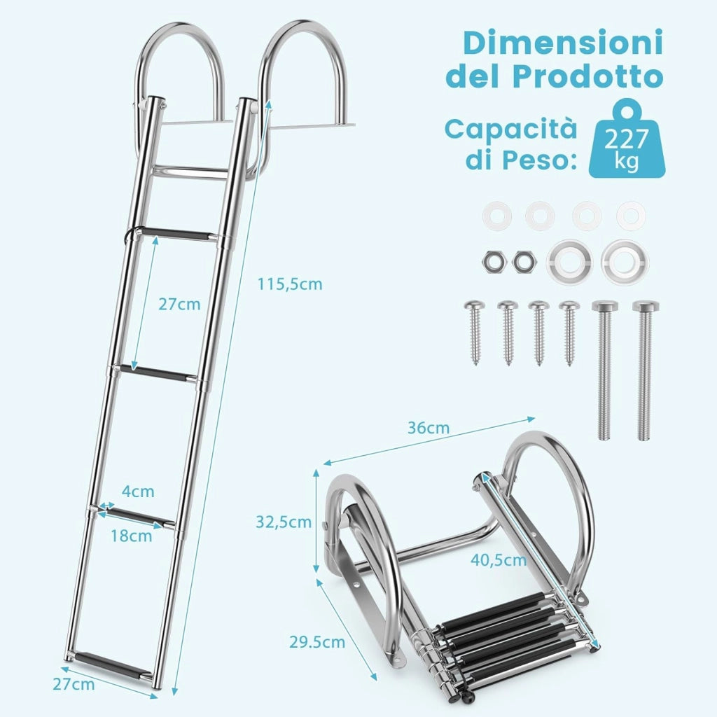 Scaletta per Piscina con 4 Gradini, Scala per Barca Pieghevole con Corrimano e Gradini Antiscivolo, Multisuo, in Acciaio Inox, Carico 227 kg