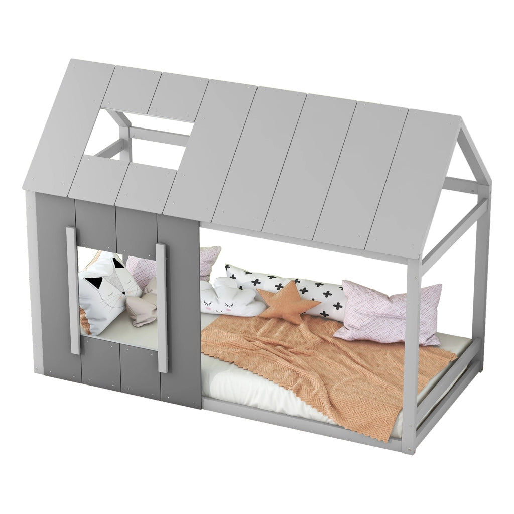 OKWISH Letto a casetta 90×200 cm, Letto Singolo con Tetto, Finestra e 8 Doghe, senza Materasso, in Pino e MDF, Grigio