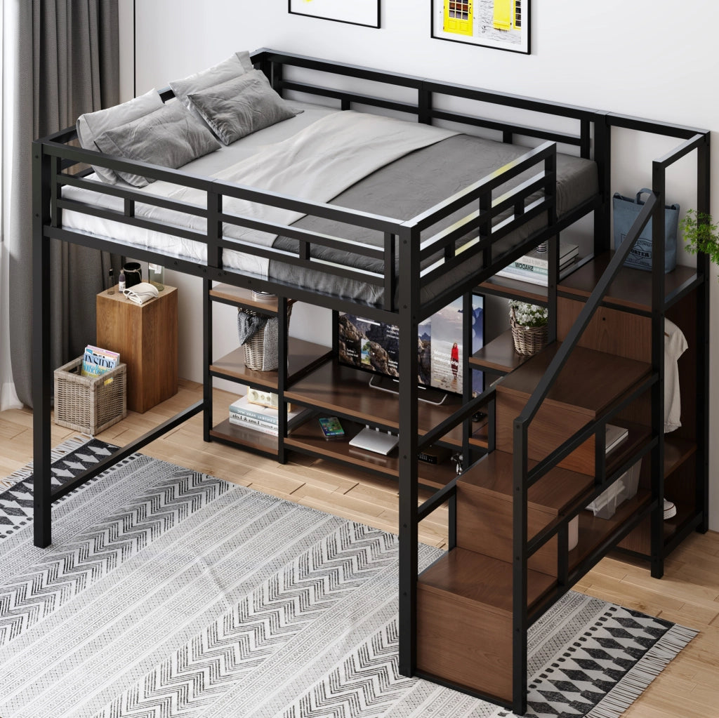 Letto a soppalco 140x200 cm con supporto TV e presa in metallo e MDF nero
