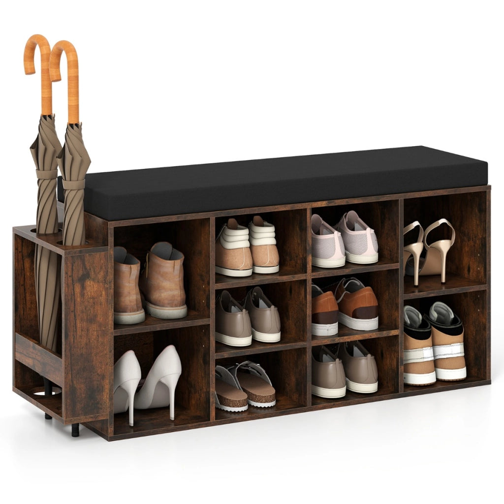 Panca porta scarpe scarpiera a 10 scomparti con seduta imbottita, Panca porta scarpe con portaombrelli Marrone-Scarpiere