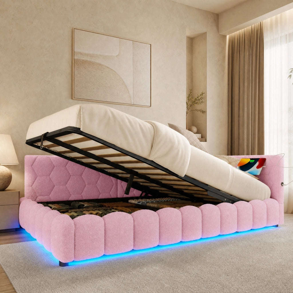 Letto da giorno 140x200 cm rosa con LED, USB e vano contenitore