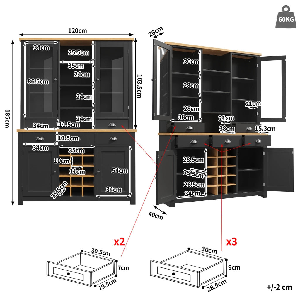 Credenza alta con vetrina 5 cassetti ripiano regolabile soft-close e portabottiglie estraibile per cucina e soggiorno