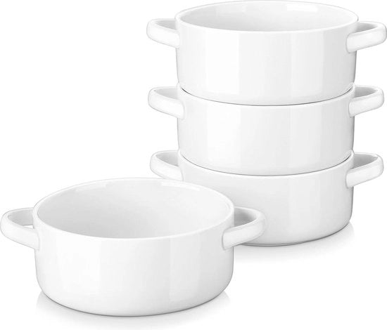 Servizio da quattro pezzi in porcellana bianca con contenitori per zuppa, colazione, dessert, piatti e riso, magnetron e lavastoviglie resistente. Servizio da quattro pezzi con coperchio.