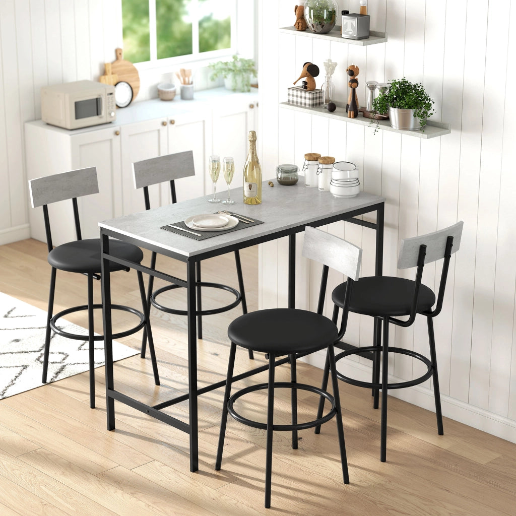 Set Tavolo da Bar e 4 Sgabelli con Schienale ¨C zephmum ¨C Grigio Cemento, Stile Industriale