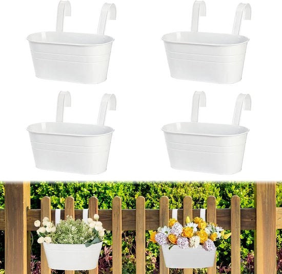 Set di 4 vasi metallici appesi, grande vaso per piante, 27 cm vasi appesi, con foro di drenaggio, per cancelli balcone, decorazione giardino, cancelli murari (bianco)