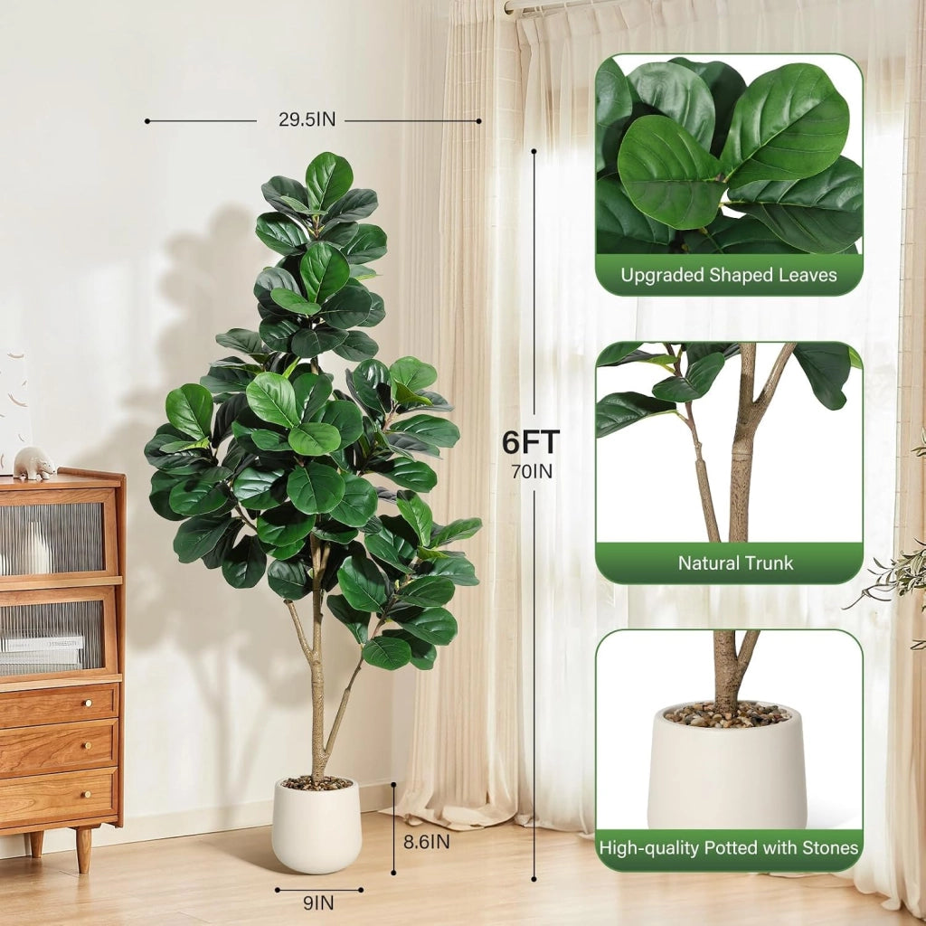 Ficus Lyrata Artificiale 180 cm con 108 Foglie e Vaso Bianco per Salotto e Ufficio