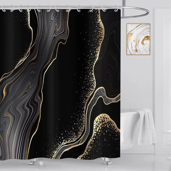 Douchegordijn in stile moderno con marmo nero dorato, 180 x 200 cm per bagno, inclusivo di 12 ganci.