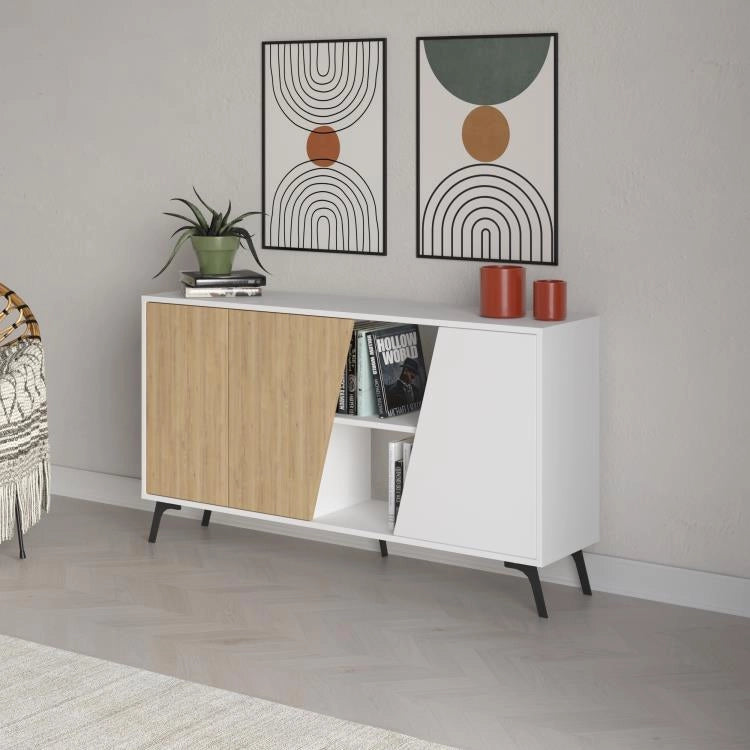 Madia Moderna Credenza Fiona 150x36x82 cm Design Anta Obliqua Bianco e Quercia