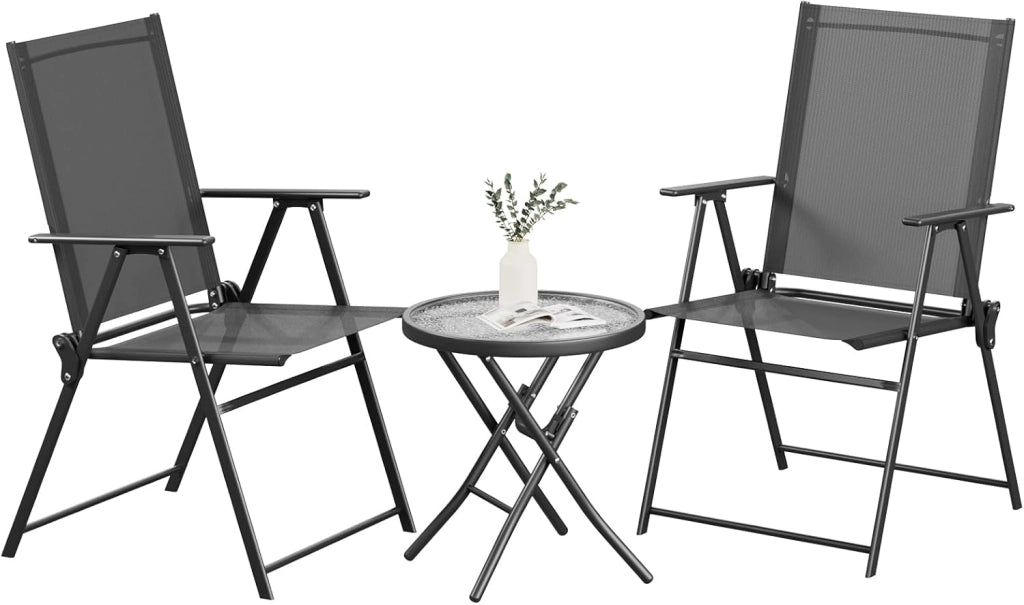 Set balcone 3 pezzi, Set Bistrot in metallo con 2 sedie pieghevoli e 1 tavolo pieghevole in vetro, Mobili da giardino pieghevoli,Gruppo di seduta per esterni per balcone piccolo,Nero
