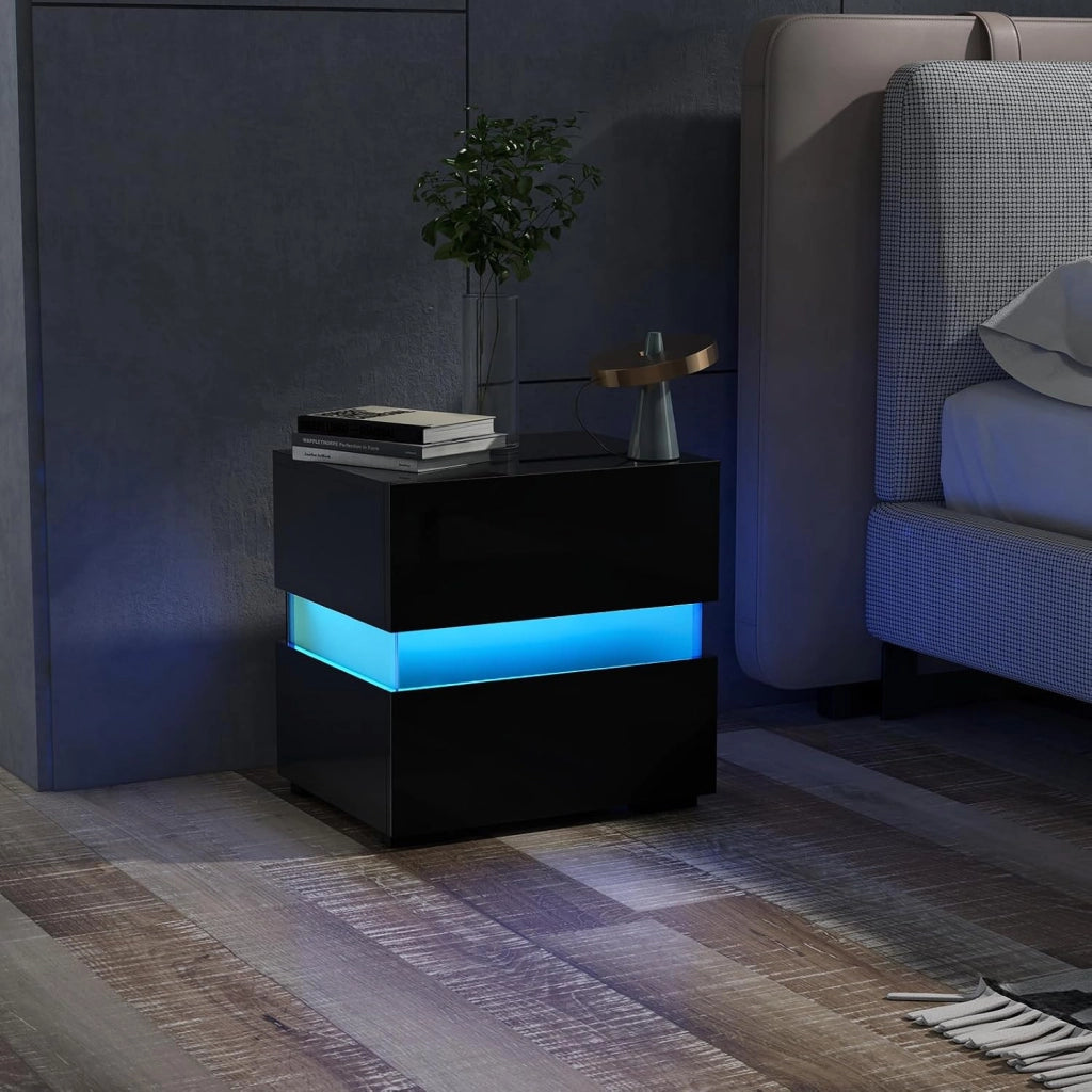 Tavolino a LED, Tavolino con Cassetto, Telecomando, 22 Modalità di Luce, 10 Velocità e 5 Luminosità, Comodino Moderno da Salotto e Camera da Letto (2, Nero)