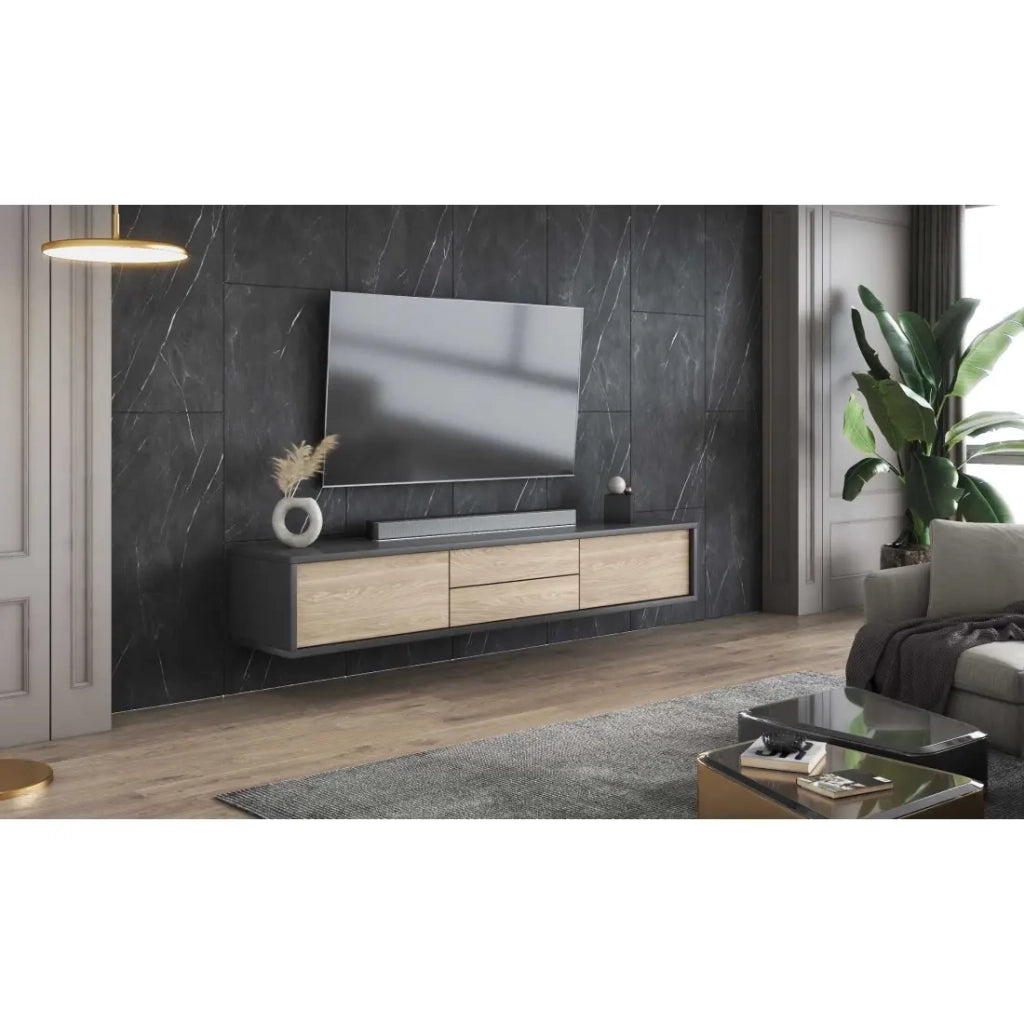 Mobile TV 180cm, 2 cassetti e 2 porte collezione MAANUM. Colore grigio e rovere chiaro.
