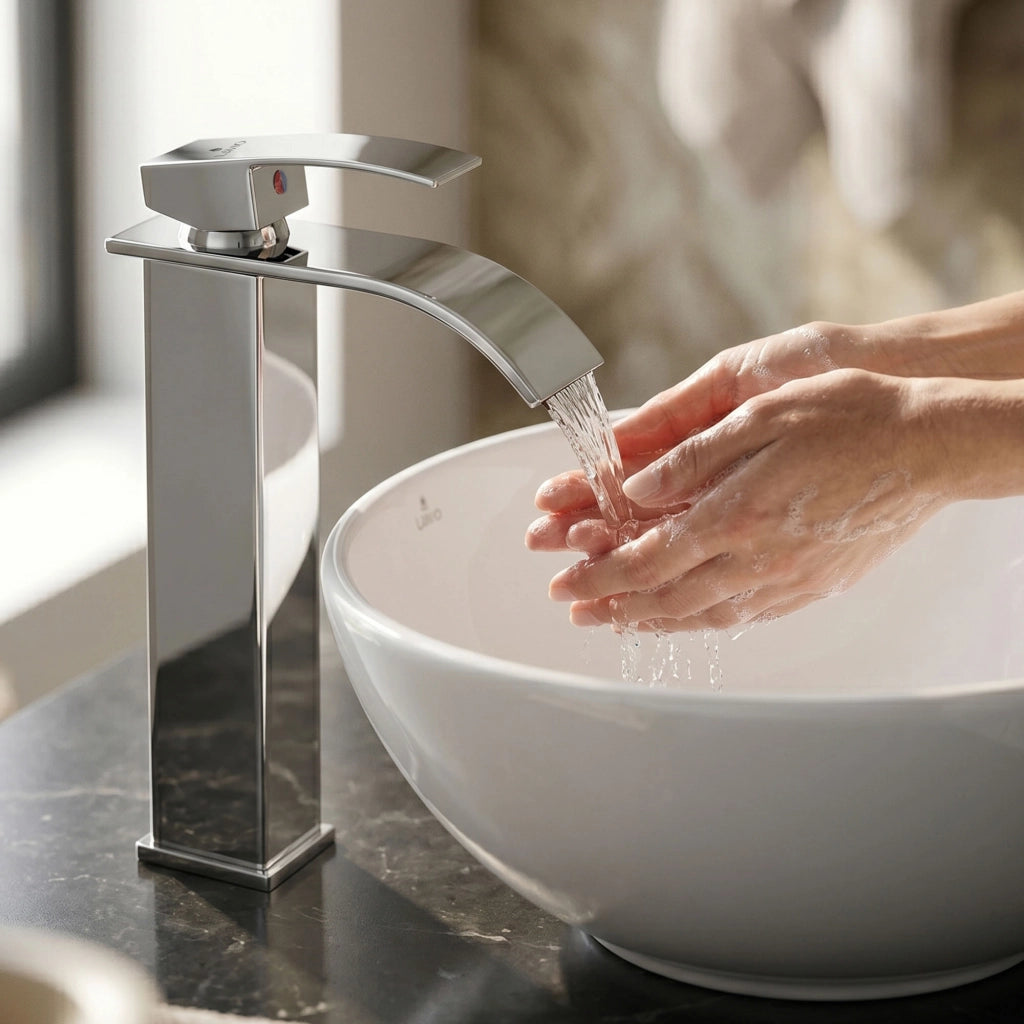Rubinetto lavabo alto a cascata cromato da appoggio miscelatore bagno EVIO