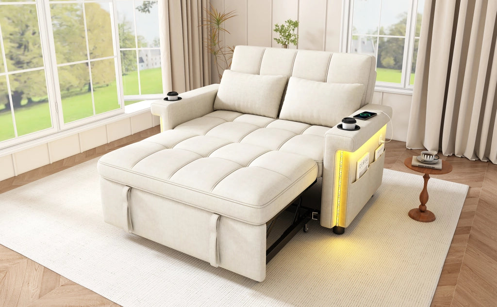 Divano letto 2 posti - con schienale regolabile; LED; USB e portabicchieri - in chenille beige