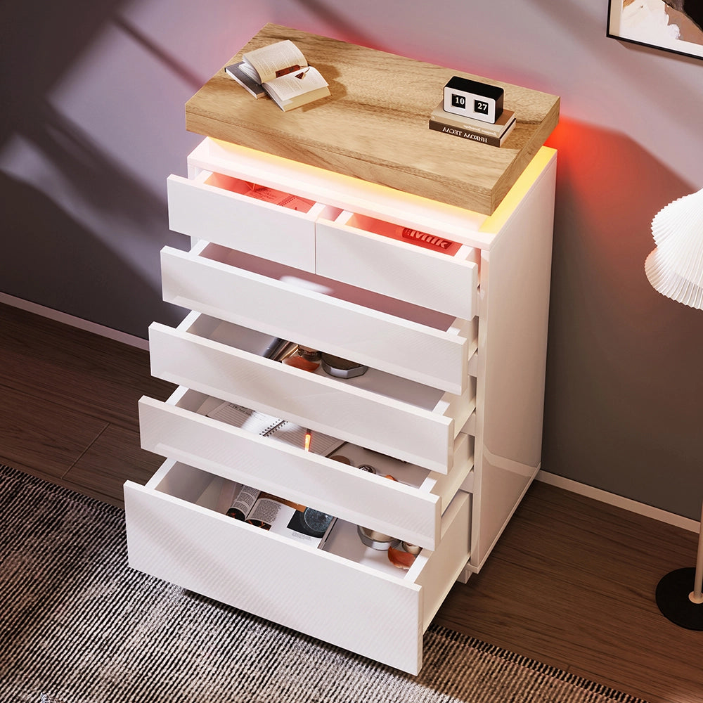 Commode Buffet in legno lucido - Xylo - 115x73x39 cm - Bianco - 6 cassetti, illuminazione LED (App Control)