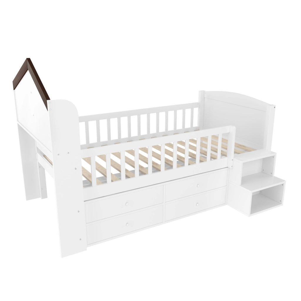 Letto a soppalco singolo 90×200 cm con LED; 4 cassetti; ripiani e scala; senza materasso; bianco