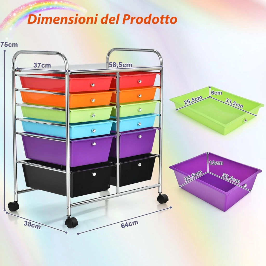 Carrello con 12 Cassetti con Ruote, Ideale per Ufficio e Domestico, 73,5 x 37 x 63 cm (Colorato)