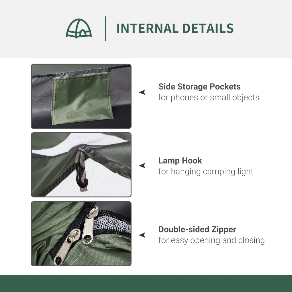 Tenda da Campeggio 2 Posti  206x152x110 cm con Porta a Cerniera Zanzariera e Finestre a Rete Verde