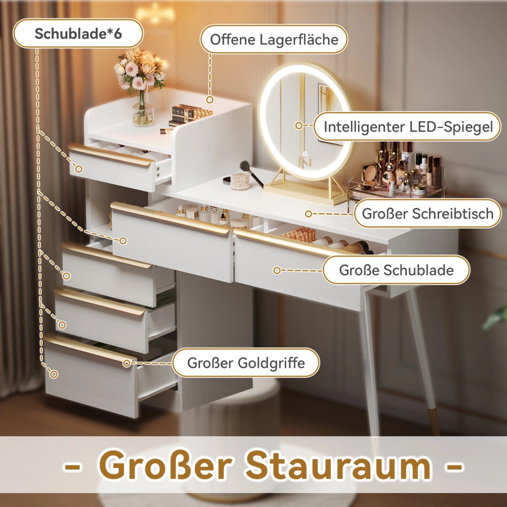 Toeletta con 6 cassetti; specchio LED e piano estraibile - per camera da letto - in truciolato - 100×41.5×102 cm - bianco
