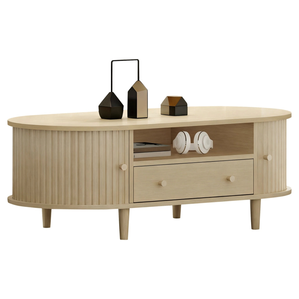 Tavolino basso ovale con 1 cassetto, vani aperti e anta scorrevole, per soggiorno, in MDF, rovere, 100 × 50 × 36 cm