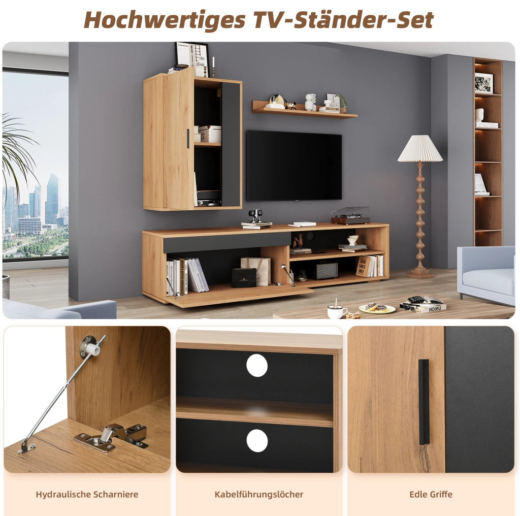 Set mobile TV da parete 3 pezzi 140 cm in truciolare effetto legno e nero