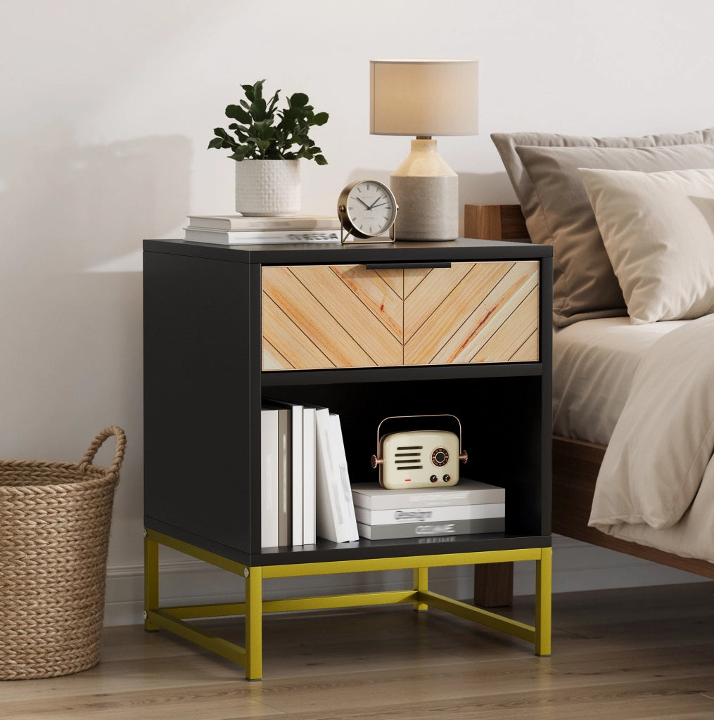Comodino moderno in MDF nero e naturale con cassetto