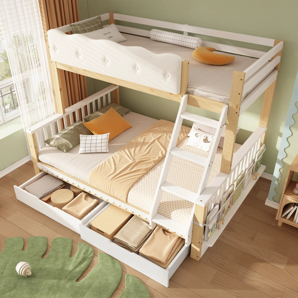 Letto a castello in legno 90x200/140x200 cm con parapetto nuvola; 2 cassetti; portariviste e certificazione EN 747:2024; bianco/rovere