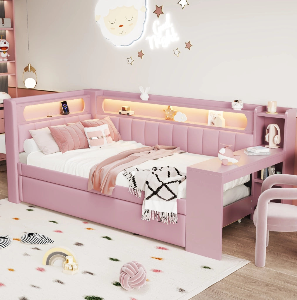 Letto singolo imbottito 90x200 cm rosa con LED, USB ed estraibile