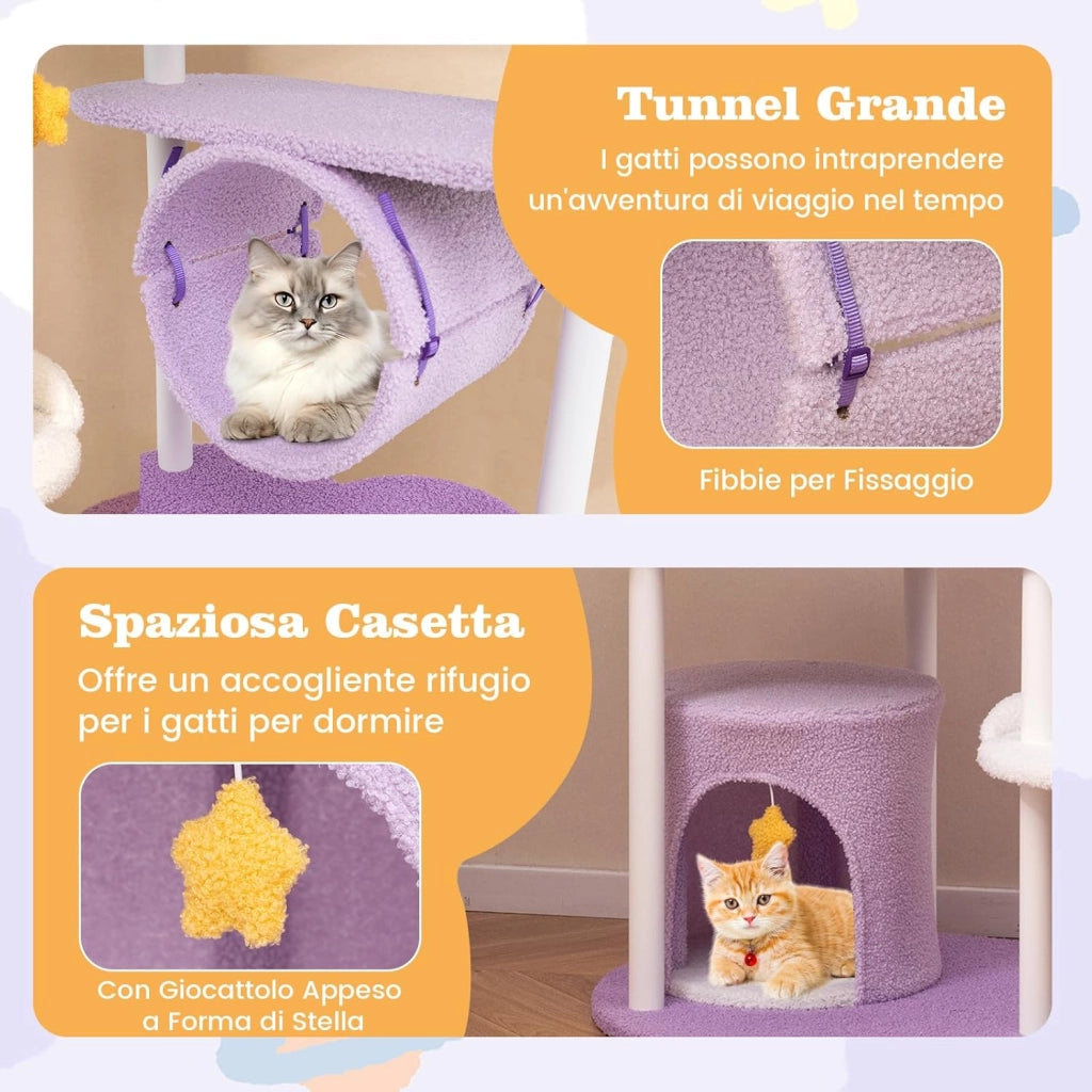 Tiragraffi per Gatti 158cm, Albero per Gatti con Multi Livelli, Struttura in Metallo, Trespolo Superiore e Piattaforme per Salti, Torre per Animali Interno, Viola, Bianco e Giallo