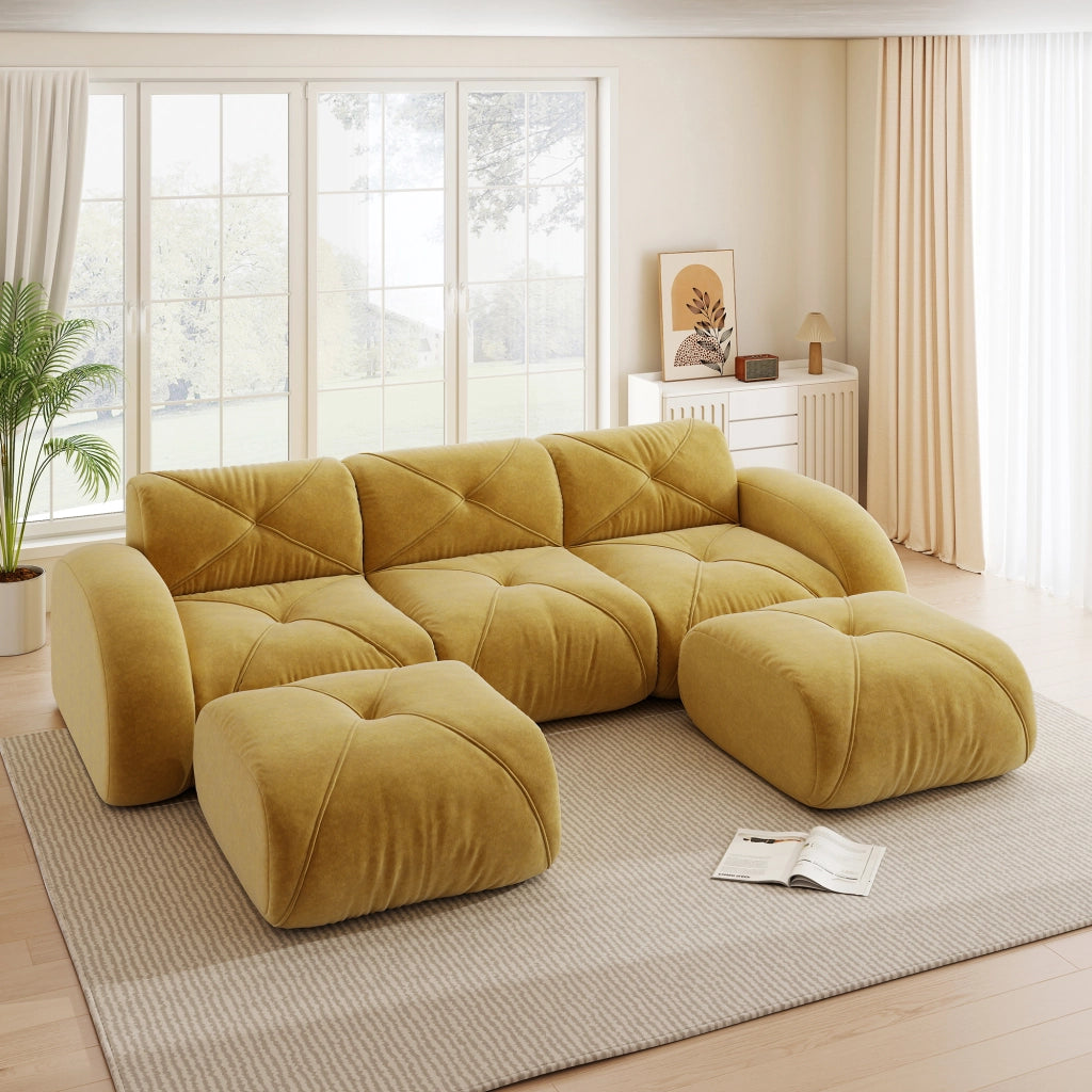 Divano modulare a U senza montaggio con 2 pouf in chenille gialla per soggiorno e relax 281 × 171 × 76 cm