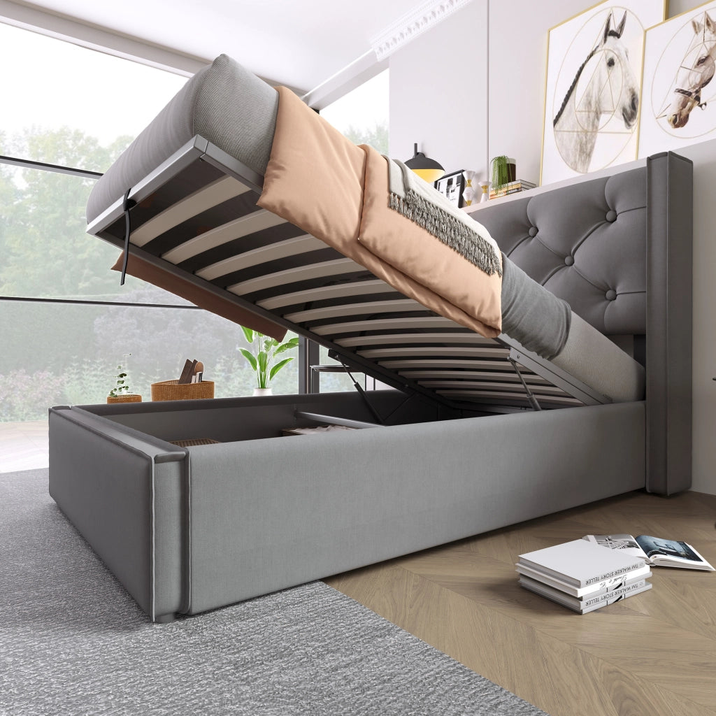 Letto imbottito 90x200 cm; con contenitore e rete sollevabile; cotone; grigio (Senza materasso)