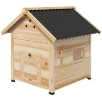 Casetta per Anatre, Resistente alle Intemperie, 2 Ingressi, 2 Rampe, 78 x 90 x 92 cm, Legno Naturale e Nero