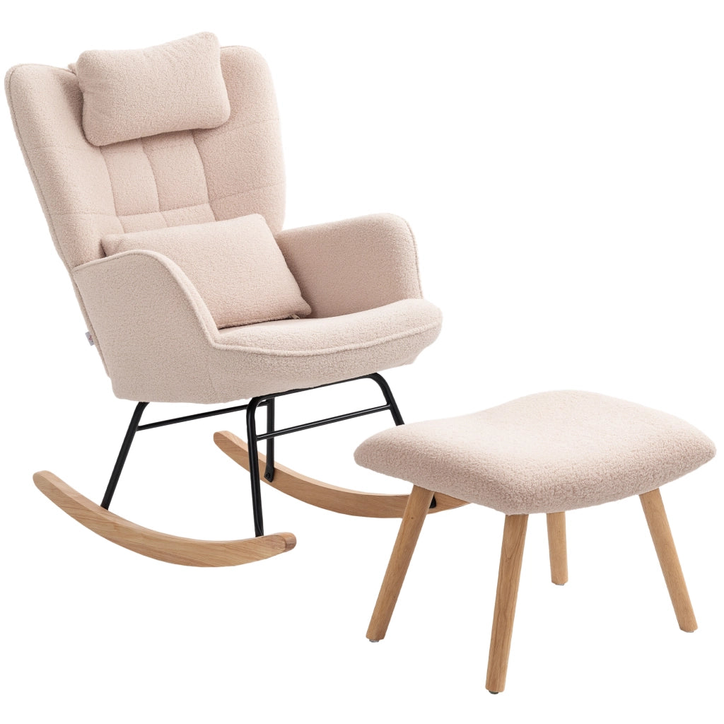 Poltrona a Dondolo con Poggiapiedi e Cuscino ¨C Minimal ¨C Beige Tessuto Legno