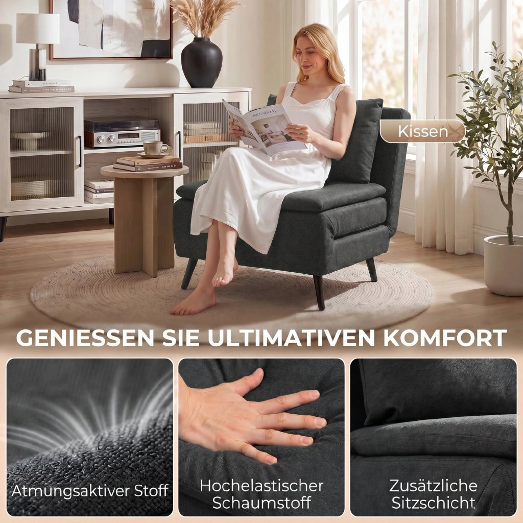 Poltrona letto reclinabile 3-in-1 ¨C Xylo ¨C tessuto lino grigio scuro con poggiapiedi e gambe metallo