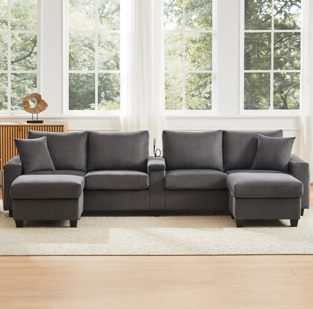 Divano a U in velluto a coste grigio con LED, USB/Type-C e 2 pouf