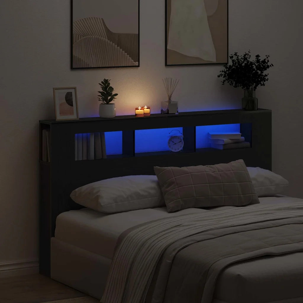 Testiera LED con lo scaffale Rovere Nero 180 x 18,5 x 103,5 cm 863115