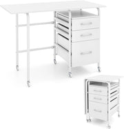 Scrivania Salvaspazio con 3 Cassetti e Ruote Bloccabili, Scrivania Porta PC Pieghevole con Struttura in Metallo per Studio e Ufficio, 105 x 50 x 75 cm, Portata 100 kg (Bianco)