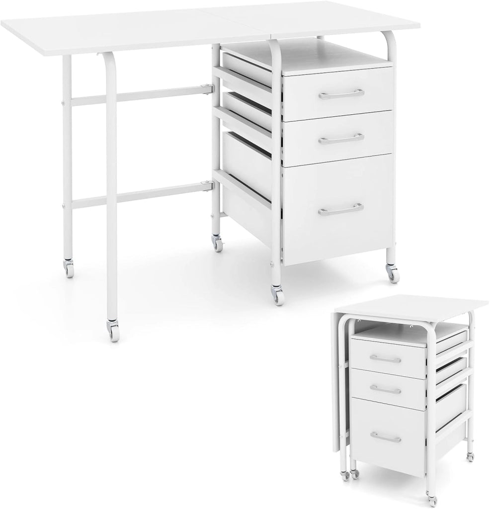 Scrivania Salvaspazio con 3 Cassetti e Ruote Bloccabili, Scrivania Porta PC Pieghevole con Struttura in Metallo per Studio e Ufficio, 105 x 50 x 75 cm, Portata 100 kg (Bianco)