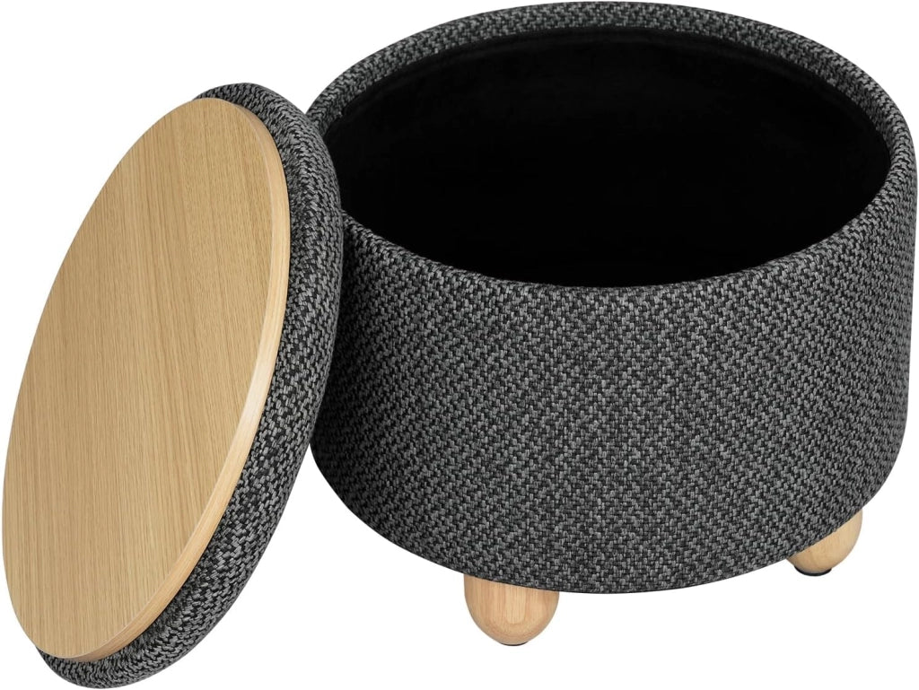 Pouf Contenitore con Coperchio, Pouf Poggiapiedi in Lino Grosso, Sgabello Tondo Salvaspazio con Gambe in Legno di Pino per Soggiorno, Corriodio, Camera, Ø 39x33 cm, Beige