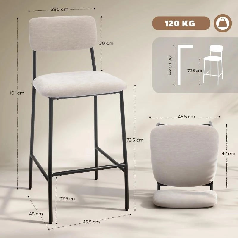 SET 2 SGABELLI DA BAR CON SCHIENALE ALTO, POGGIAPIEDI E RIVESTIMENTO IN CINIGLIA, CREMA
