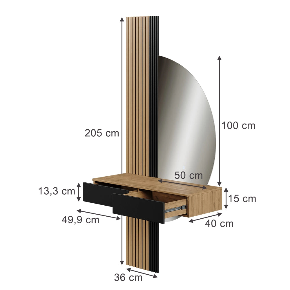 Vicco Tavolo da toeletta Quercia/nero 100 cm con specchio a LED